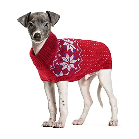 FUAMEY Dog Christamas Sweater, Warm Dog Sweater Classic Snowflake New Year Turtleneck Sweaters Knitwear Cold Weather Dogs Pullover for Small Medium Dogs Puppies & Cats Bulldogs Corgi with Leash Hole Cover