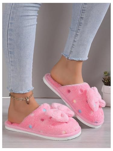 OYOANGLE Women's Bowknot Close Toe Fuzzy Slippers Polka Dots Flat Slip on Furry Slippers Indoor House Plush Slippers2