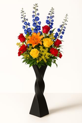 Beautiful Twisted Spiral Black Ceramic Vase 40cm Tall - Slim Slender and Elegant - Vase Pot for Water and Flowers/Plants - Modern Home Decor - Triangular Base - Ornamental - Suitable for any room