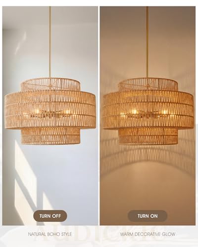 Image of 24 inch Large Boho Rattan Chandelier, 3-Tier Hand Woven Shade, Gold
