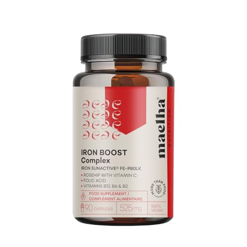El Iron Boost Complex Complemento Alimenticio de Hierro, 14 mg de Hierro, Vitaminas B12, B6, B2, Ácido Fólico, Rosa Mosqueta con Vitamina C, 60 Cápsulas, Vegano, Sin Gluten