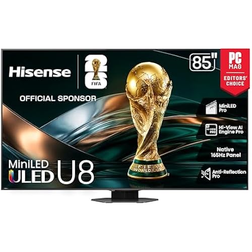 Hisense 85" U8 Series ULED Mini-LED 4K UHD Smart Google TV (85U8QG) - QLED, Native 165Hz, VRR 288, Up to LD5600, 5000 Nits, HDR10+, Dolby Vision IQ · Atmos, IMAX Enhanced, 4.1.2 Ch Audio
