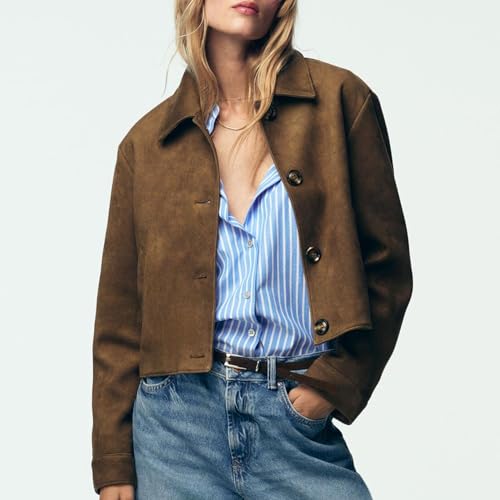 Women's Faux Suede Cropped Jackets Button Down Coat Cropped Casual Jacket Fall Fashion Outerwear Trendy Clothes2