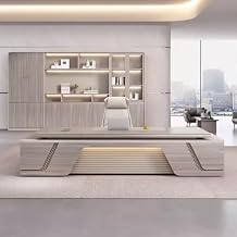 94IN L-Shaped Executive Desk with Drawers, Executive Desk with Open Storage Grid & LED Light Strip & Exquisite Pull Handle & Invisible Multimedia Wire Box & Front Baffle Design
