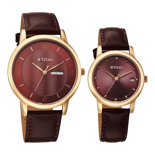 Image of Titan Bandhan Eternal Pair Analog with Date and Maroon Dial Maroon Leather Strap Watch for Couples - 19672967WL01