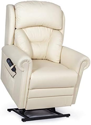 British Made Cullingworth Leather riser recliner chair with additional powered headrest and lumbar control (Lateral Support Backrest, Cream)
