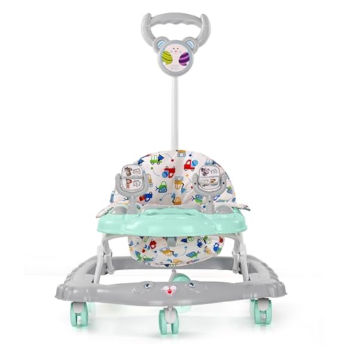 Image of BabyGo Jonny Walker for 6-24 Months, Baby Walker with Push Handle & Activity Tray - Foldable Adjustable Height Infant Walker with Wheels, Music,Toy Bar and Comfotable seat (Blue-Grey)