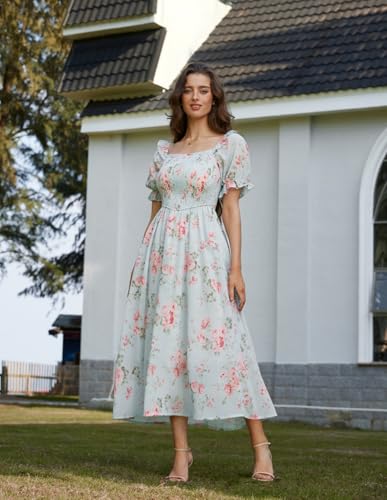 Image of Scarlet Darkness Floral Dress for Women Summer Puff Sleeve Square Neck A Line Flowy Wedding Guest Tea Party Dresses