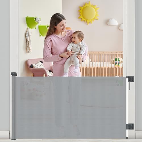 Retractable Stair Gate Extend up to 55 wide 33.86 Tall with Drilling and Non-Drilling Accessories Baby Gate One Handed Silent Operation Grey Dog Gate for Stairways/Indoor/Outdoor (Grey)