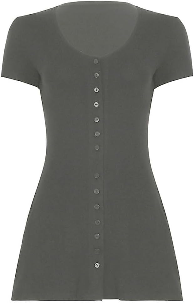 Women Sexy Deep V Neck Button Front Knit Mini Dress Elegant Short Sleeve Ribbed Flowy Hem A-Line Short Dress - Image 6