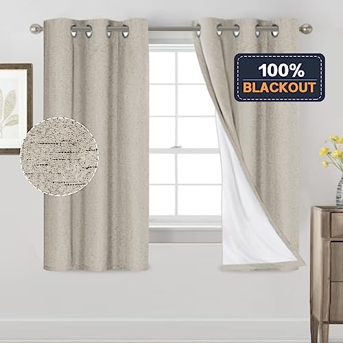 Image of PrinceDeco Linen Texture Curtains Soild 100% Blackout Thermal Insulated with White Liner Blackout Curtains for Bedroom 64 Inches Long 2 Panels,42 inch Wide,64 inch Length Noise Reducing Curtains, Stone