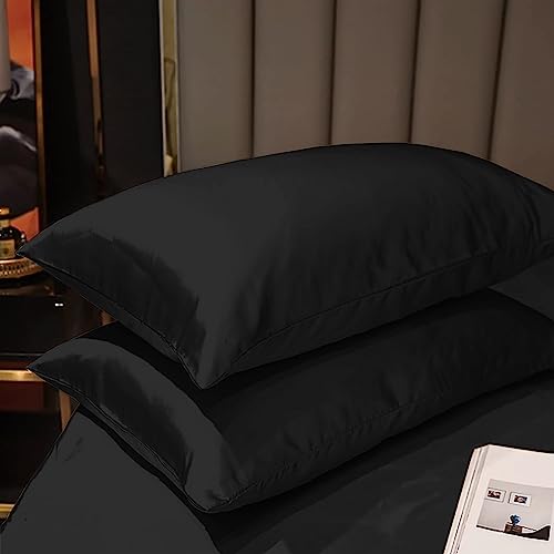 Image of Soft and Silk Satin Bedsheet for Double Bed - 400 TC Romantic Bedsheet Set for Bedroom | Bridal Wedding Bedsheet with Pillow Cover | Ideal for Gifting Black, Double Bed