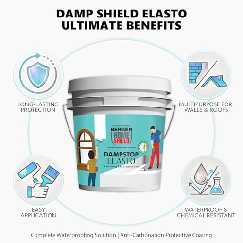 Image of BERGER HomeShield Dampstop Elasto Waterproofing Membrane Damp Proof Basecoat for Exterior Walls Self Priming Anti-Carbonation Solution (4L, White)