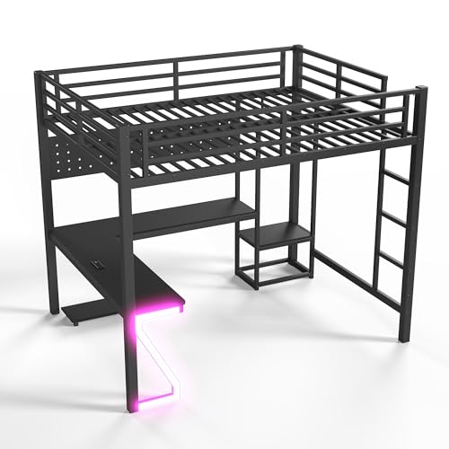 Image of Bellemave Queen Size Metal Loft Bed with L-Shaped Desk, Z-Shaped LED Lights & Charging Station, Heavy Duty Loft Bed Frame with Hanging Rod for Kids, Teens & Adults, Space Saving,Black