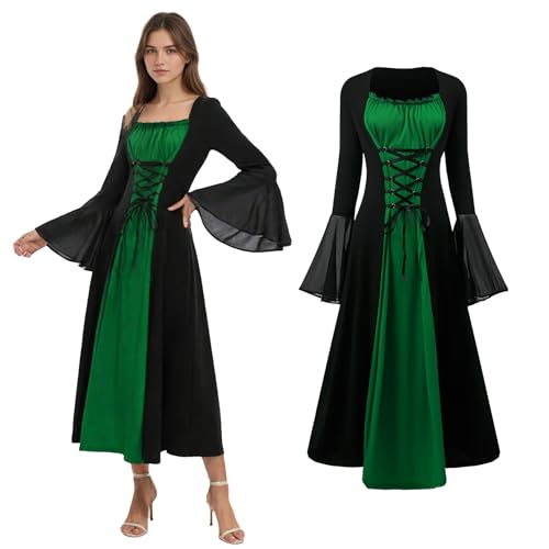 YORDET Renaissance Kostüm Frauen, Mittelalterliches Kleid mit Trompetenärmel, Vampir Robe Kostüm, Gothic Kleid Damen für Halloween Party (Grün,...