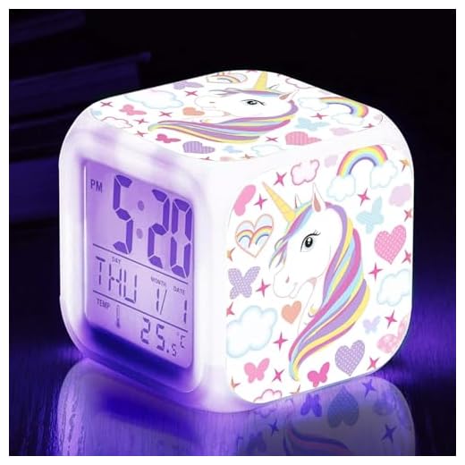 Kids Alarm Clocks, Cute Unicorn Night Light Kids Alarm Clocks with 4 Sided Unicorn Pattern&9 Kinds of LED Glowing Wake Up Bedside Clock Gifts for Unicorn Room Decor for Girls Bedroom