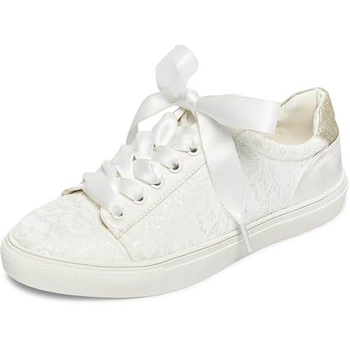 JIAJIA 8834A Wedding Shoes Bridal Sneakers Flats Bride Tennis Shoes Lace Sneakers Colour Ivory,Size 9 B(M) US/40 EU