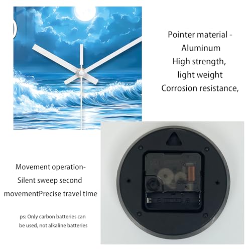 Image of XFM Blue Moon Wall Clock Battery Operated 14 Inch Silent | Non Ticking Ocean Wave Round Modern Glass Nature Decorative for Kitchen Bedroom Bathroom Decor