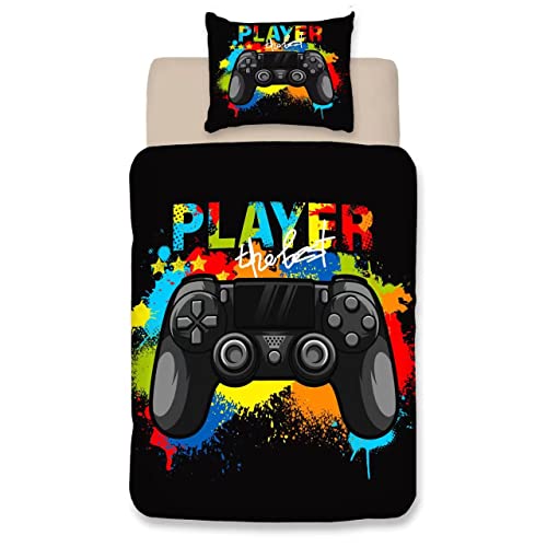Wajade Game Controller Housse de Couette 135x200cm, Noir Tie Dye Gamer literie Set avec 1 taie d'oreiller 65x65cm, garçon Gamer Housse de Couette Set