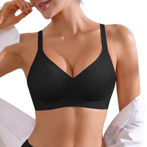 DEANGELMON Wireless Jelly Bras for Women - Seamless No Underwire Bralettes with Support, Full Coverage Comfortable T-Shirt Bra with Adjustable Straps,Black,L