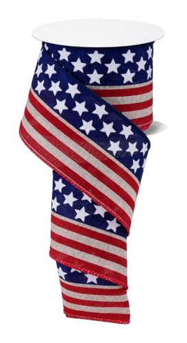 Image of Rustic American Flag Patriotic Ribbon - 2 1 /2 inch x 10 Yards, 4th of July, | America 250 Anniversary, Tea Stained, Wired Ribbon, Wreaths, Crafts, 1776, Election, Veterans Day, Americana