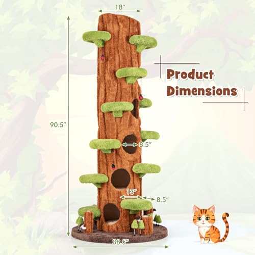 Image of PETSITE 90.5 Inch Tall Cat Tree, Tree-Like Modern Cat Tower with Sisal Scratching Pad, Five Cat Condos, Cute Hanging and Spring Toys, Large Cat Tree Tower for Indoor Cats (Brown)