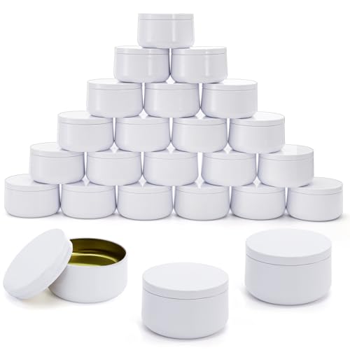ZENFUN Lot de 24 boîtes à bougies blanches avec couvercles, 170 g, récipients à bougies ronds réutilisables en fer blanc pour la fabrication de bougies,...