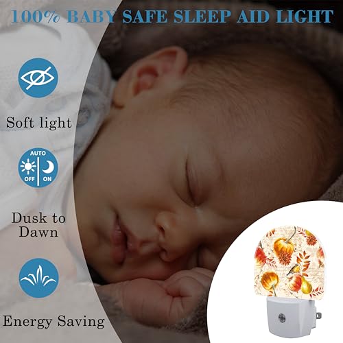 Image of Autumn Fall Pumpkins and Leaves Night Light Plug into Wall with Dusk to Dawn Sensor Cute Nightlight for Kid Girls Boys Women Men Room Decor, Hallway, Kitchen, Bathroom, Nursery, Stairs