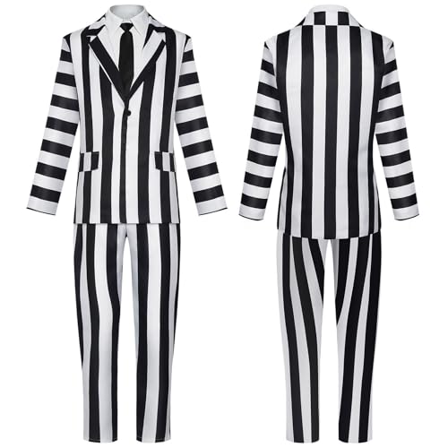 PTLYE Black and White Striped Suit Men Halloween Spooky Movie Costumes Horror Comedy Cosplay Jacket Pants Set(S,TIAO123HE1-BLACK)