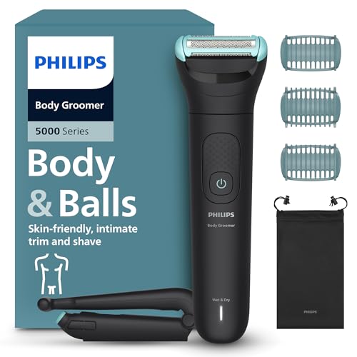 Philips Bodygroom 5000er-Serie – Herrentrimmer mit Dreifachschutz-Rasiersystem, trimmen und rasieren im Intimbereich, klappbarer Rückenaufsatz, 100% duschfest, 100 Min. Laufzeit, Modell BG5480/15