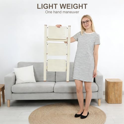Valeo 3 Step Ladder,Lightweight Folding Step Stool with Wide Anti-Slip Pedal, 330LBS Capacity, Heavy Duty,Sturdy Iron Metal Step Stool for Home, Kitchen, Closet, Adults, Cream White - 5