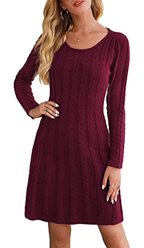 Neitooh Damen Strickkleid Pulloverkleid Elegant Winterkleider Langarm Einfarbige Rundkragen Minikleid Winter Langarm (Wein rot, XL)