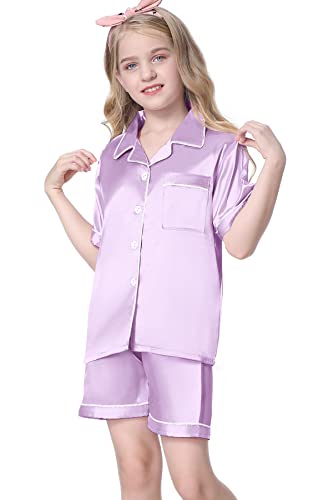 Image of Umeyda Women & Girls Pajamas Set, Soft Satin Lightweight Silk Button-Down Top with Shorts 2 Piece PJS for Mom Boys Kids Gifts