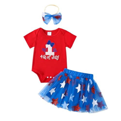 Ayalinggo My 1st Fourth Of July Baby Girl Outfit Newborn Short Sleeve Romper Lace Star Skirt Headband Independence Day Infant Clothes (Red 1st, 0-3 Months)