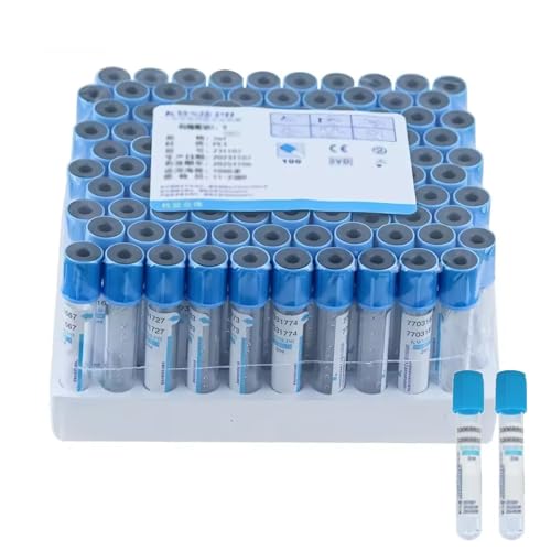 JSMDLN Tubo De Plástico para Recolección De Sangre Al Vacío,Citrato De Sodio 1:9,2Ml/5Ml/10Ml,Recolección De Sangre con Presión Negativa,Tubo con Tapa Azul,para Análisis De Laboratorio,100pcs 5ML