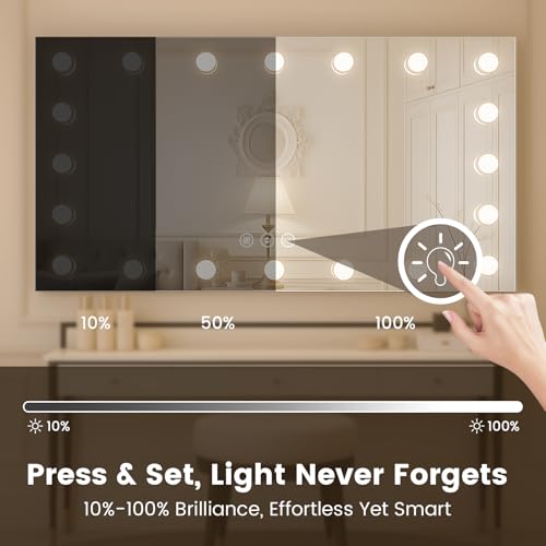 Image of WTTY 60 inchx30 inch Hollywood Vanity Mirror with Lights, Wall-Mounted Makeup Mirror with 3 Color Temperatures, Stepless Dimmable Bulbs, Anti-Fog & Shatter-Proof