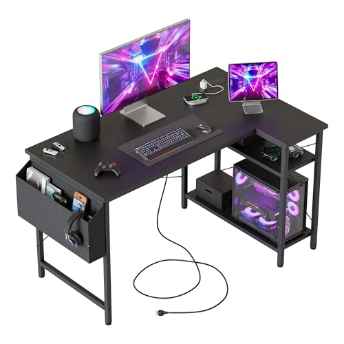 Mericonia Small L Shaped Desk with Power Outlets,100 cm L Computer Corner Desks with Reversible...