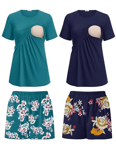 Image of Ekouaer 2 Pack Women's Nursing Pajamas Set Double Layer Maternity Pjs Postpartum Loungewear Set Breastfeeding Tops & Shorts