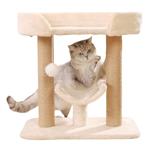 RoastMe キャットタワー ミニ 小型 低め スリム 猫タワー 据え置き 天然サイザル麻 麻紐爪とぎポール 爪研ぎ コンパクト 省スペース 猫のおもちゃ おしゃれ インテリア 32*47*50cm 可愛い 人気 おもちゃ付き 登り降りやすい 多頭飼い