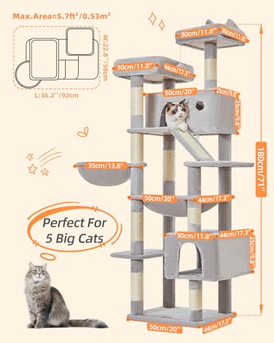 Image of Taoqimiao Cat Tree 71-Inch, Cat Tower for Indoor Cats Large Adult, Multi-Level Large Cat Condo, 8 Sisal Scratching Posts, Metal Frame Cozy Hammock, Scratch Board, 2 Top Perches, Light Gray MS026LW