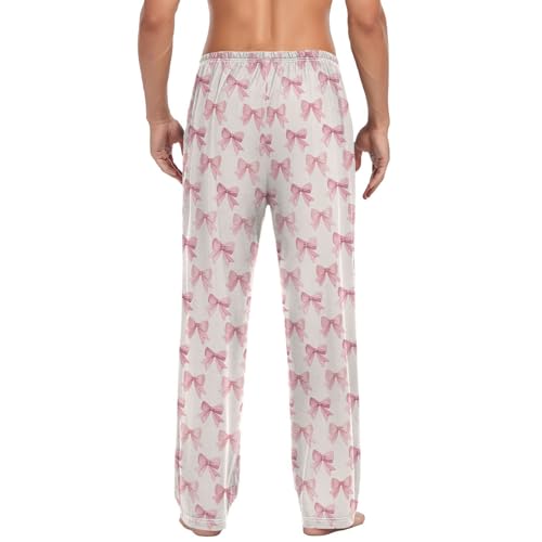 Men’s Pink Bow Pajama Pants with Pockets, Comfortable Lounge Sleep Bottoms#9552