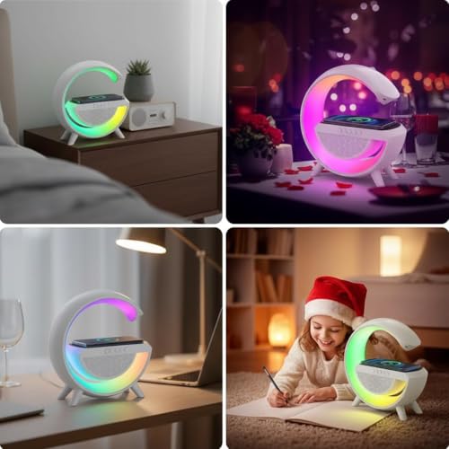 Image of G-Shape Led Wireless Charging Bluetooth Speaker with 7 Color RGB Night Light,Built-in FM Radio, Long Battery Standby, Portable Bedside Speaker for Bedroom, Office & Home