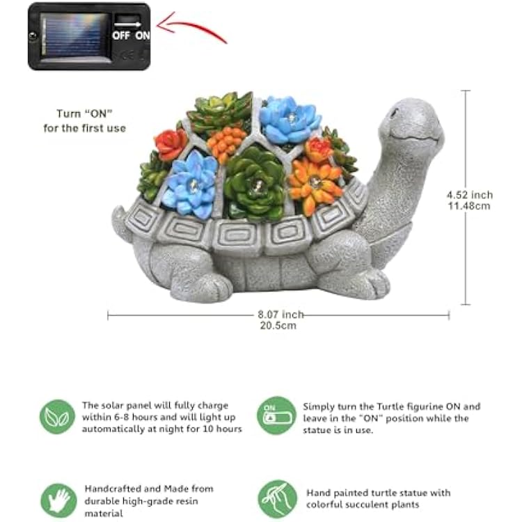 Nacome Solar Garden Outdoor Statues Turtle with Succulent and 7 LED Lights - Lawn Decor Statue for Patio, Balcony, Yard Ornament - Gifts for Mom Grandma Women