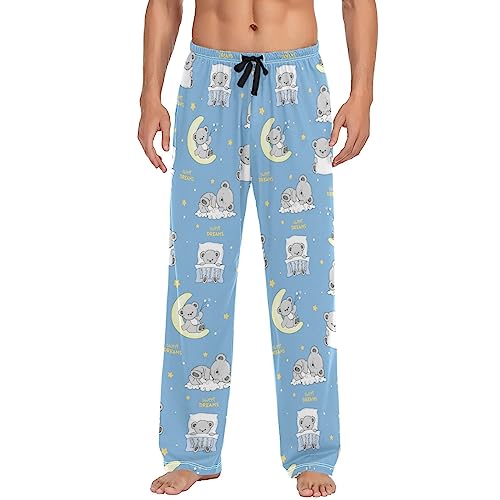 Teddy Bears Moon Blue Mens Pajama Pants Lounge Men's Pajama Bottoms Soft Sleep Pants With Pockets L
