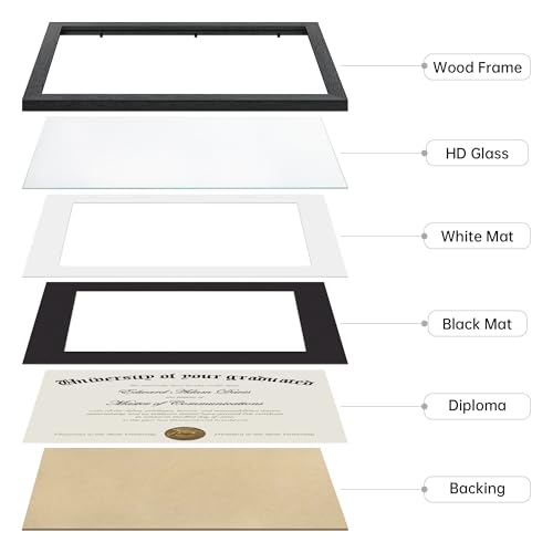 Image of upsimples Diploma Frame with HD Glass, 11x14 Black, 1 Pack | Certificate Degree Frame, Fits 8.5 x 11 with Mat, Graduation Gift for Wall and Tabletop, Black & White Double Mats