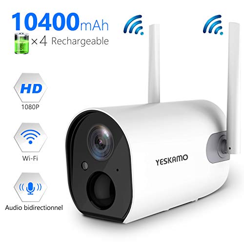 Yeskamo Caméra de Surveillance sur Batterie Extérieure/Interieur 10400mAh sans Fil HD 1080P IP Caméra WiFi avec Détection de Mouvement Audio à 2 Voies pour Sécurité à Maison