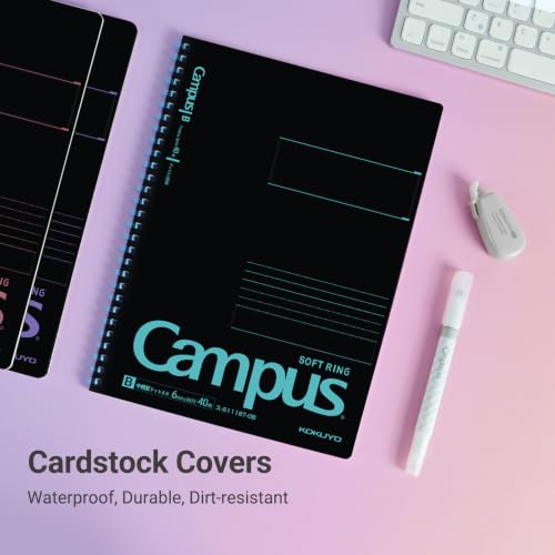 Image of KOKUYO Spiral Notebook Journal, Black 3 Pack Campus B5 Soft Ring Notebooks with Dotted B 6mm Rule, 40 Sheets, 1 Subject Notebook in Red Purple Green, College Office Note Taking. Japan Import