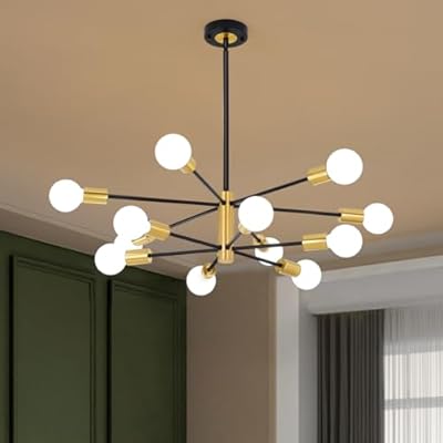SOGOTING 12-Light Modern Sputnik Chandelier, Black and Gold Pendant Light Height Adjustable Sputnik Ceiling Light Fixture for Dinging Room, Living Room, Bedroom and Foyer