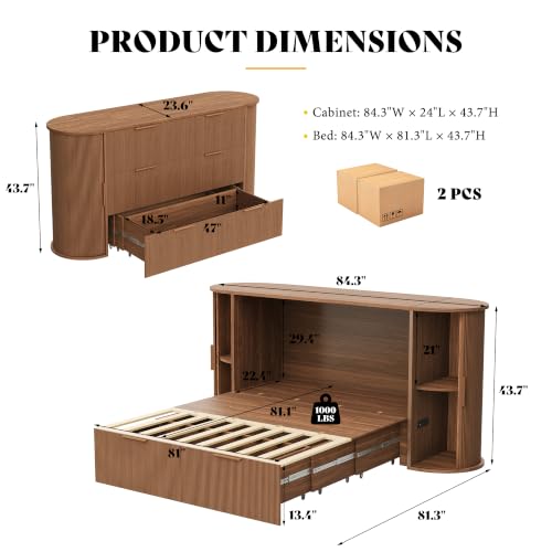 Image of AMERLIFE Queen Murphy Bed with Storage & Sliding Tambour Door | Brown Wood Cabinet Bed, Modern Cabinet, Bedside Shelves, Curved Fluted Design, Charging Station, Guest Room & Home Office