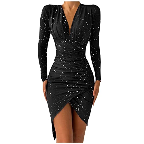 Glitzer Kleid Minikleid Sexy Glitzerkleid Partykleid Kurz Enges Kleider V-Ausschnitt Abendkleid Festliche Elegant Rotes Cocktailkleid Mini Wickelkleid Moderne Party Etuikleid Frauen